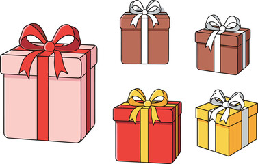 Collection of colorful gift boxes with ribbons and bows, perfect for holiday celebrations, birthdays, festive decorations, party themes and seasonal artwork designs