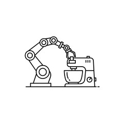 Robotic Arm Interacting with a Stand Mixer in Minimalist Line Art Style.