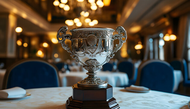 Elegant silver trophy rests on wooden table in refined restaurant. Background shows dining tables set for upscale celebration, award ceremony, culinary recognition, or fine dining excellence