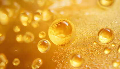 Viscous yellow lecithin with bubbles on glass close up. Shiny amber liquid pattern texture surface. Natural fluid looks like honey