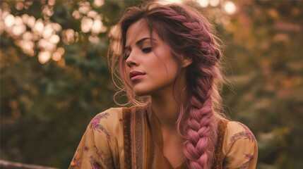 Arab woman with side braid dyed pink wearing vintage boho shirt 