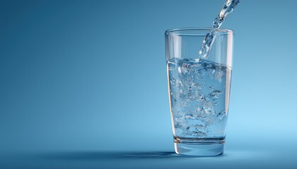 Clean Drinking Water Streams Into A Blue Glass - A Refreshing Moment Of Hydration And Wellness For Your Body.