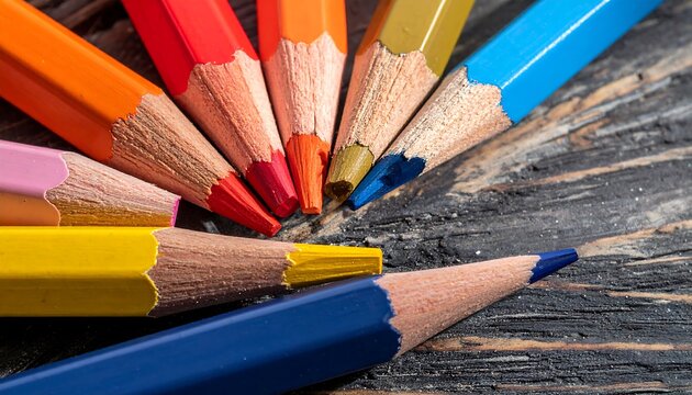 Colorful Pencils Arranged in a Circle on Wooden Surface.