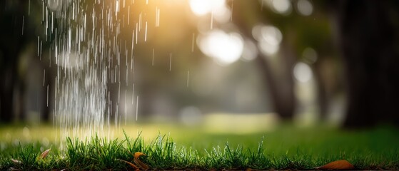 Water sprays from sprinklers across a green field, providing moisture on a cloudy day to maintain healthy grass growth