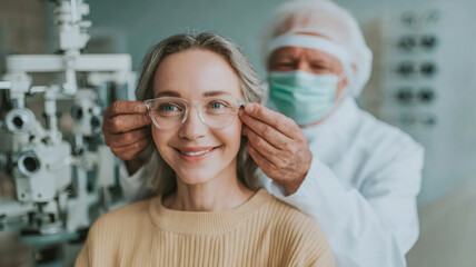 Mature woman smiling, trying on new eyeglasses with an optometrist or optician assisting, vision check up