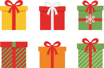 Colorful Christmas gift boxes illustration with festive ribbons and patterns, perfect for holiday design projects, seasonal decorations, celebrations and winter graphics