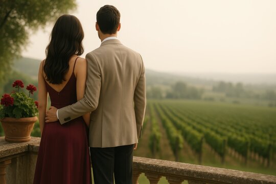 Valentine Elegance Over The Vineyards. A couple in refined evening attire stands overlooking peaceful vineyard rows, sharing a warm and graceful Valentine’s Day moment.