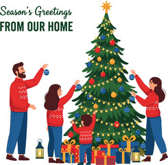 Festive family decorating Christmas tree together with ornaments and gifts, warm holiday celebration illustration perfect for seasonal greeting cards and winter designs