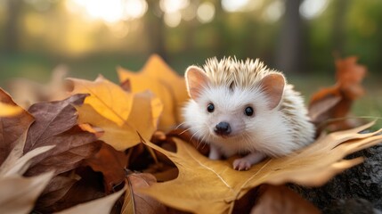 A hedgehog rests among vibrant fall leaves, enjoying the warm glow of late afternoon light in a natural setting