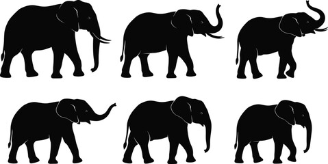 Elephant silhouette collection, walking elephant poses, wildlife animal illustration set, African elephant artwork, nature themed graphic design elements