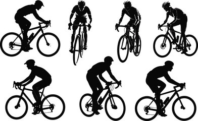 Obraz premium Cycling silhouette, road bike riders, helmet safety, dynamic motion, sport activity, vector art, posture variety, outdoor exercise, black background, cycling form