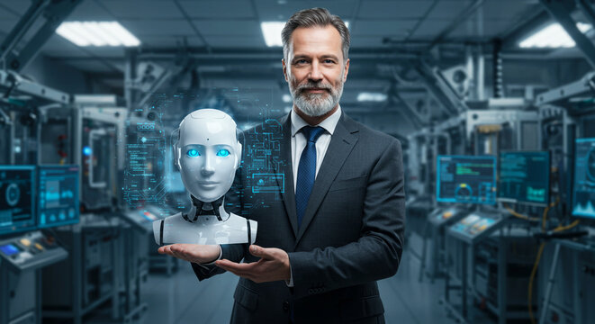 Confident businessman proudly presents futuristic AI robot in advanced tech lab showcasing innovation and technological progress