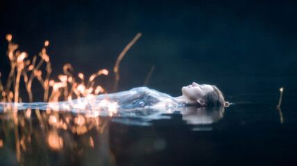 Woman floating on dark water with glowing digital light streams, representing spiritual connection and technology