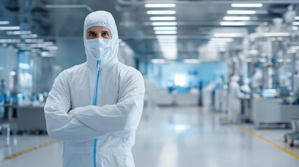 cryogenics technician in white jumpsuit standing at lab background