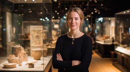 a female cultural heritage conservator standing at museum hall smile to camera with confident