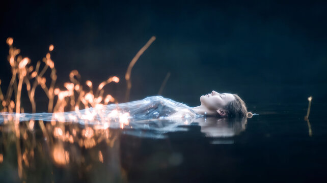 Woman floating on dark water with glowing digital light streams, representing spiritual connection and technology