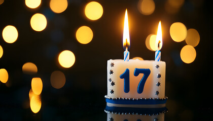 Photo of burning candles shaped as number seventeen. Flames light up over dark background with soft bokeh. Birthday or anniversary event celebration