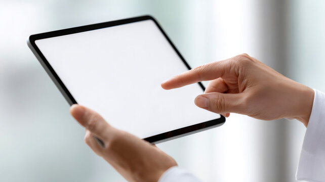 Professional hands interacting with a digital tablet, reviewing medical record data on a blank screen