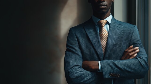 businessman in formal attire with arm crossing  - Powered by Adobe