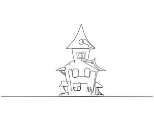Naklejka premium Continuous line drawing of halloween castle. Single line illustration of halloween castle. Halloween day concept. Editable outline