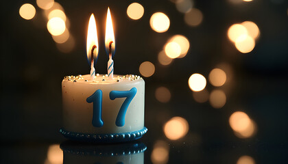 Photo of burning candles shaped as number seventeen. Flames light up over dark background with soft bokeh. Birthday or anniversary event celebration