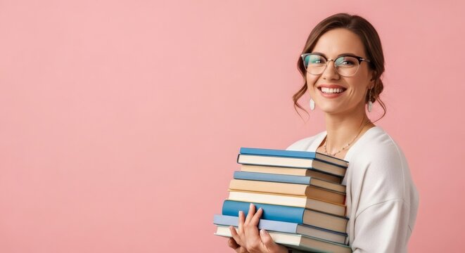 Smiling woman holding a stack of books, wearing glasses, pink background