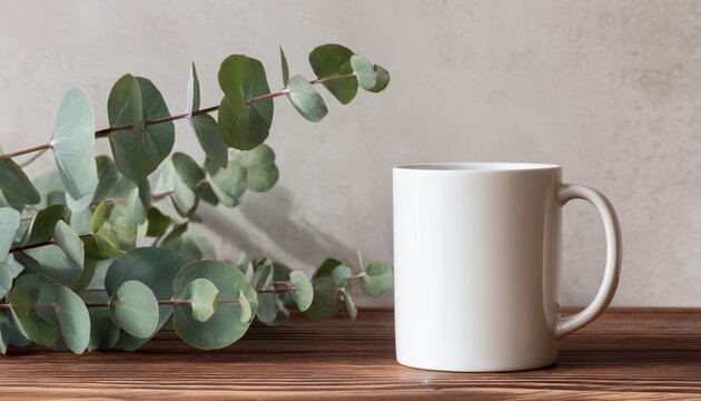 Elegant White Mug With Eucalyptus Mockup On Wooden Table, Showcasing An 11 Oz Mug. Perfect For Showcasing Your Designs Or Products.