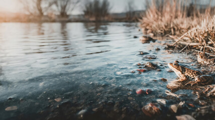 Frog resting at pond's edge during golden hour, reflecting nature, awakening, and new beginnings