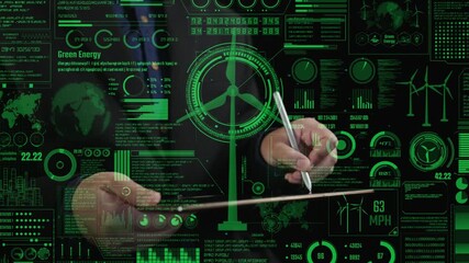 A business professional analyzes green energy data on a tablet amid a digital background featuring analytics and renewable energy visuals, emphasizing innovation and sustainability. Cipher - Powered by Adobe