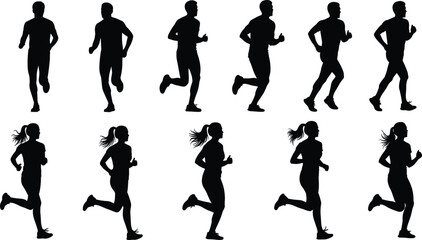 Running silhouettes vector collection of female joggers in motion, black fitness icons set for sport, marathon, training, workout, cardio exercise and athletics design.