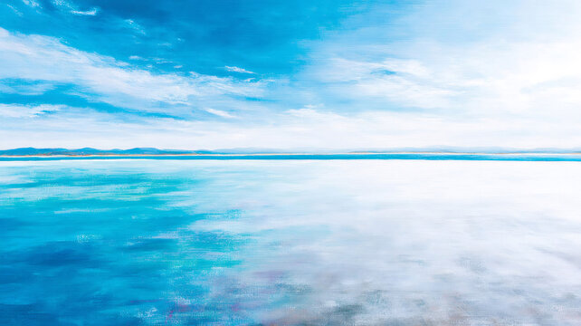 Abstract blue ocean painting reflecting sky with calm water surface and distant horizon line