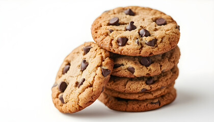 Stack of fresh chocolate chip cookies rests on white background. One cookie is in front, showing detailed texture. Baked treats are ready to eat