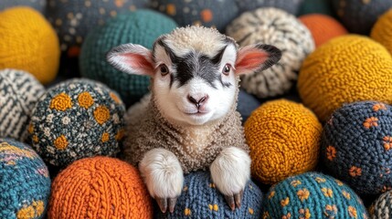Cute lamb surrounded by colorful knitted balls in a cozy setting during daytime