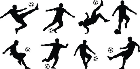 Soccer player silhouettes vector collection performing kicks, dribbles, bicycle and volley shots, black football icons set for sport, training, match, team design.