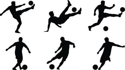 Soccer player silhouettes vector collection performing kicks, volleys, bicycle shots and dribbles, black football icons set for sport, training, match, team design projects.