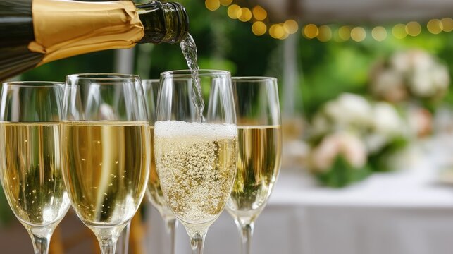 Champagne is poured into a glass at a festive table adorned with flowers and flickering candles, creating a warm atmosphere for gathering