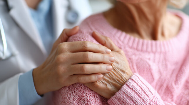 A doctor standing behind and holding an elderly female patient by the shoulders for sympathy, support, and comfort in a hospital. The concept of caring for elderly patients