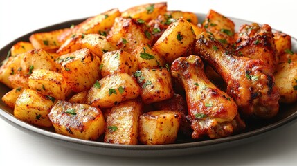Savory roasted chicken with golden potatoes and fresh herbs on a round platter