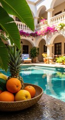 Bright fruits by a tranquil pool in a colorful courtyard filled with flowers during a sunny afternoon