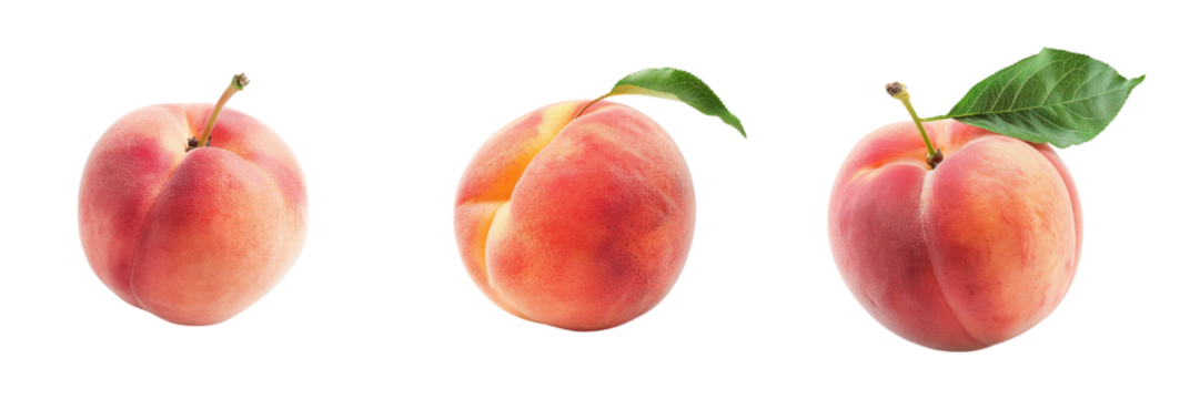 Ripe fuzzy peaches lined up on a transparent background Generative AI