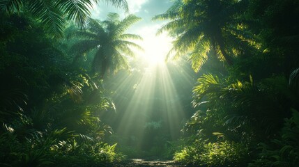 Sunlight filters through lush trees in a vibrant tropical rainforest