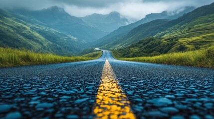 Winding road through green mountains under cloudy sky in early morning light