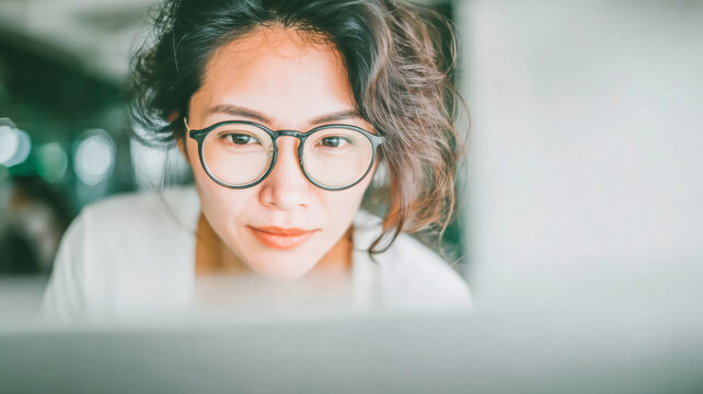 Young asian woman with glasses concentrating, working on a computer, learning, studying, focusing on screen