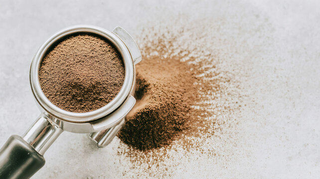 Ground coffee in a portafilter, ready for tamping. Preparation for espresso with spilled coffee powder creating a background texture