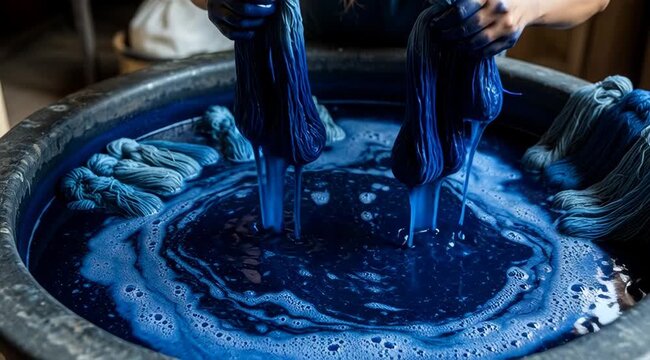 Process of dyeing yarn with natural indigo dye in a traditional workshop in Asia