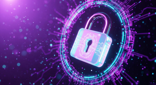 A digital padlock surrounded by glowing purple and blue circuit patterns on a dark background