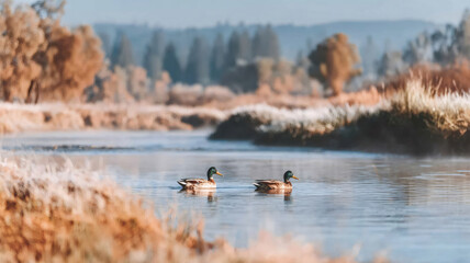 Mallard ducks swimming in foggy river, mist rising from partially thawed water during autumn morning