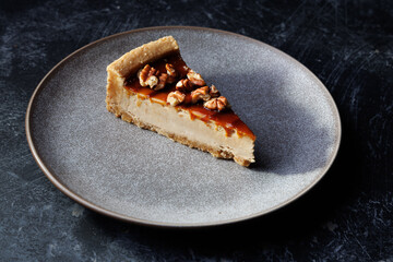 Caramel Pecan Pie Slice On Plate, Rich Dessert With Nuts