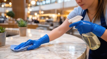 A worker in rubber gloves sprays cleaner on a marble counter while wiping it down, ensuring a clean environment for guests and staff