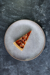 Caramel Pecan Pie Slice On Plate, Rich Dessert With Nuts